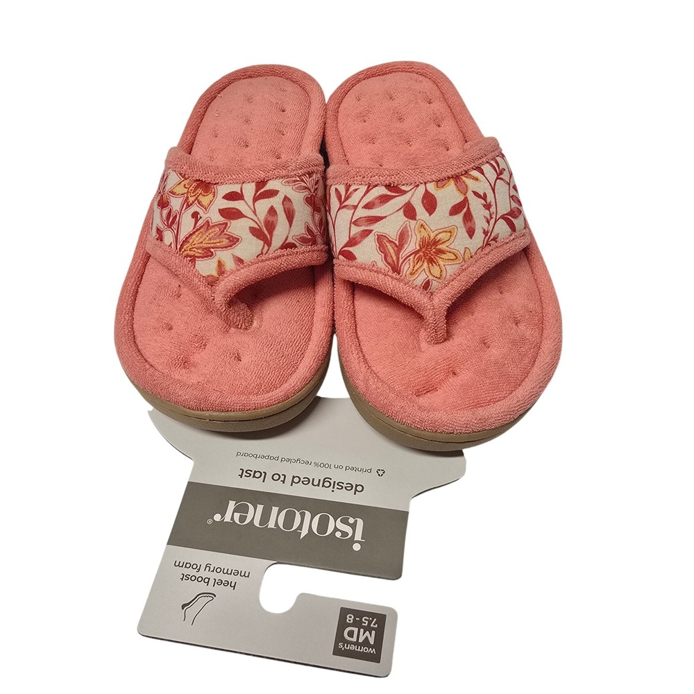 Isotoner Womens Memory Foam Flip Flop Slippers Pink Floral 7.5-8 M NWT